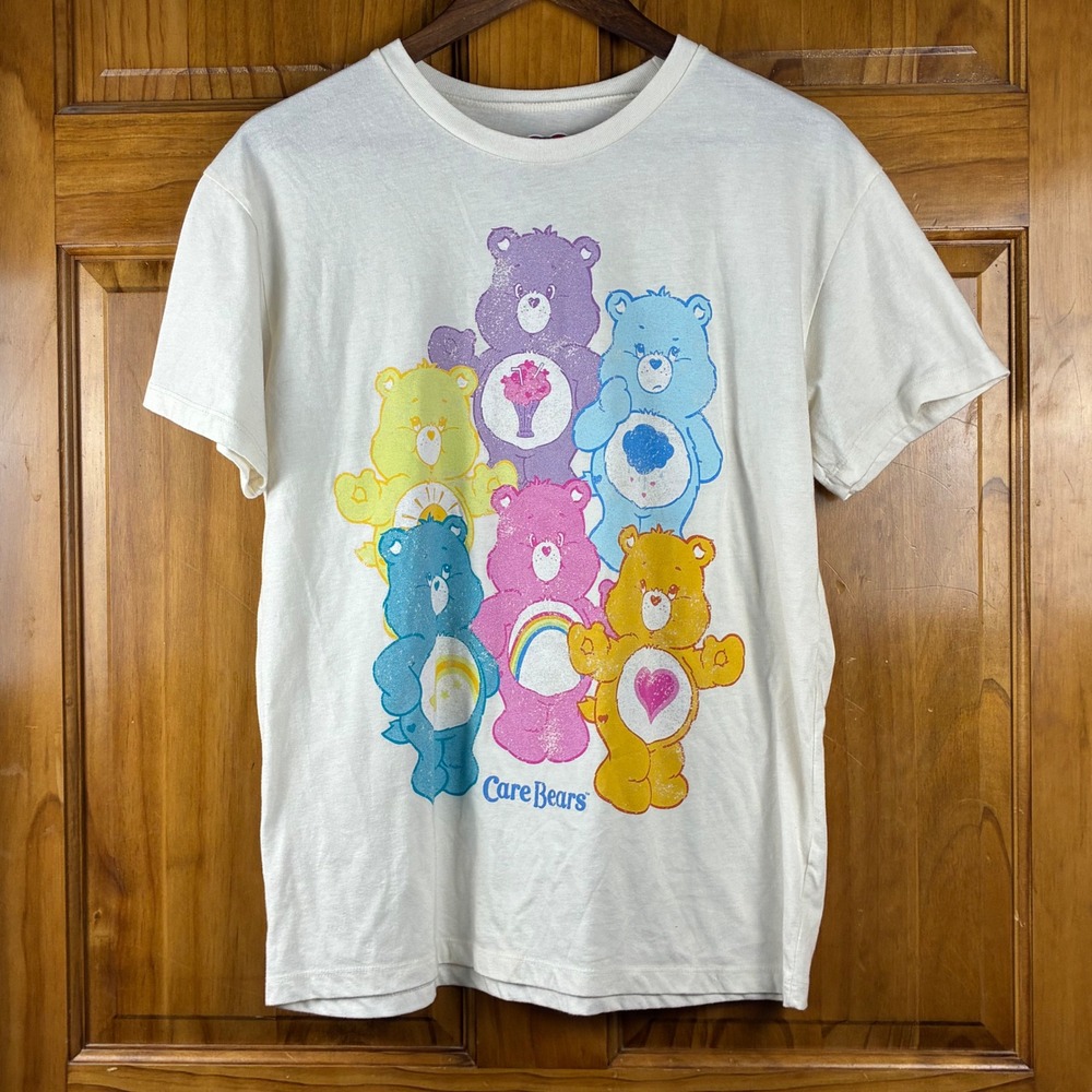 Care Bears Graphic T-Shirt Cream Off White Vintage Style Distressed Print Large